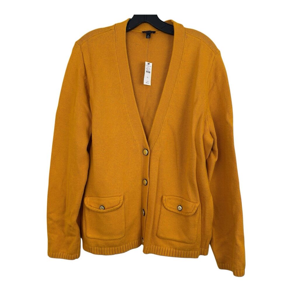 Talbots Cardigan Sz XL Mustard Gold Knit Flap Pockets Academia Business